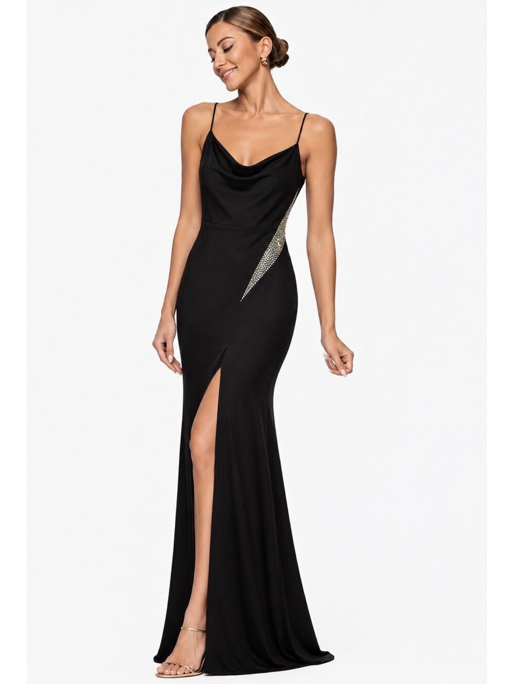 Tony Bowls Evening Black Jersey Embellished Beaded Formal Prom Long Dress Size 6